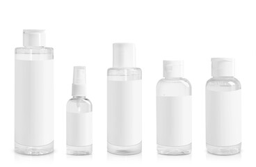 Set of cosmetic bottles with skin care products isolated on white