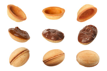 Making delicious nut shaped cookies with caramelized condensed milk isolated on white. Collage with empty shells, filled ones and whole cookie