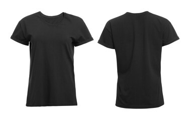 Stylish black t-shirt on white background, front and back views. Space for design