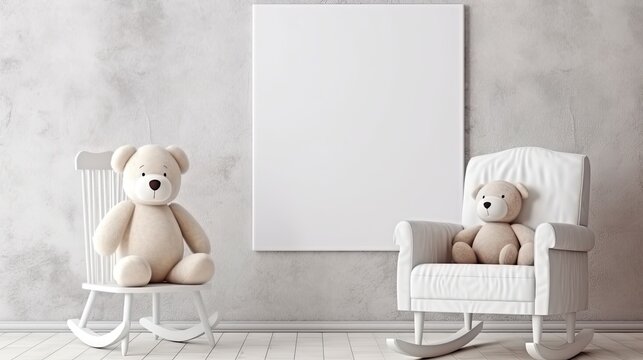 A white baby's nursery interior with a mock-up of an empty poster with a plush toy on a chair. Actual image. Poster pasted in place Generative AI