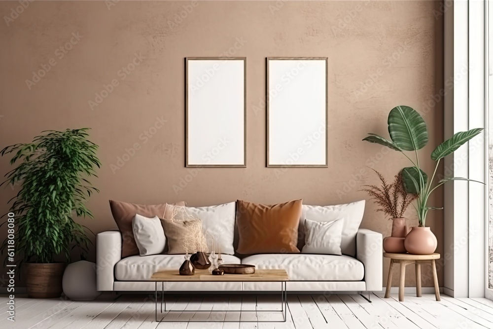 Poster Mockup frame in warm interior of home, living room in coastal style, Generative AI