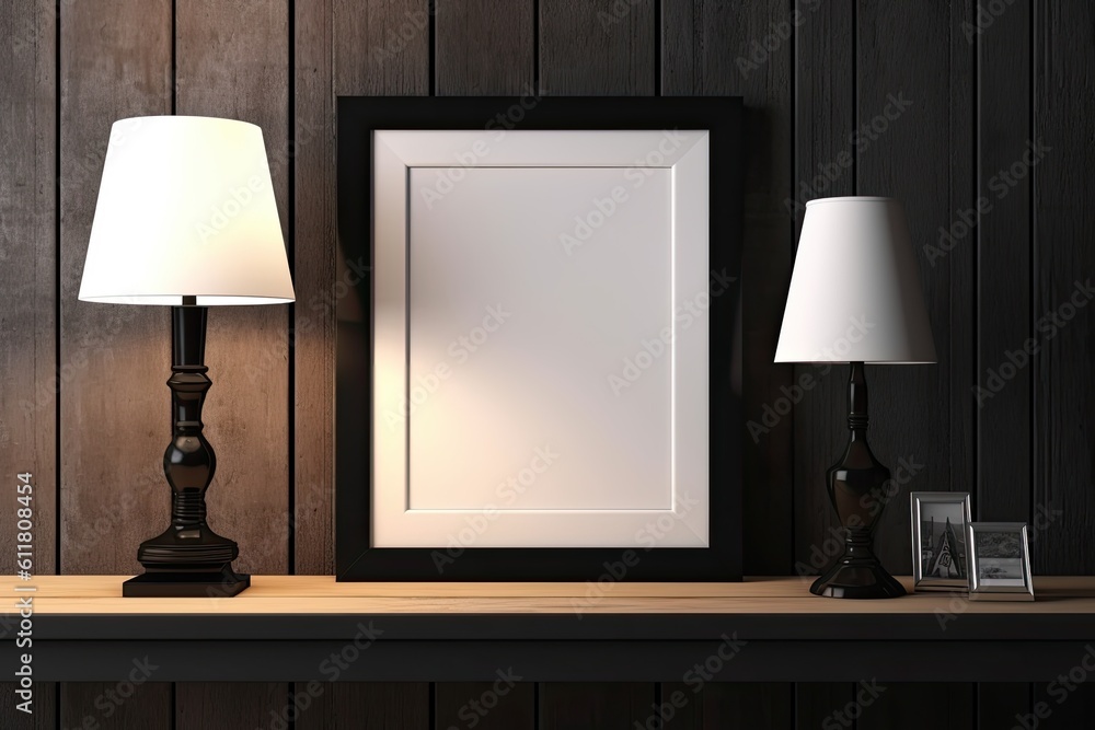 Poster mockup of a blank picture frame in a dark environment with lamps and a wooden floor generative ai