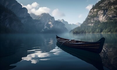 The canoe is anchored in a lake near the mountains