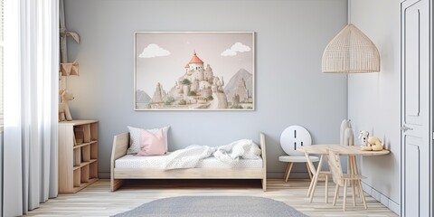 mock-up posters in a child's room, posters against a background of an empty, white wall Generative AI