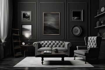 a single gray color, a picture frame background, a single coffee table, and an armchair in a monochromatic dark gray interior room. Generative AI