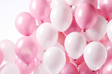 fliegende rosa pink und weiße Ballons auf hellem Hintergrund. Querformat. Generative Ai. - obrazy, fototapety, plakaty