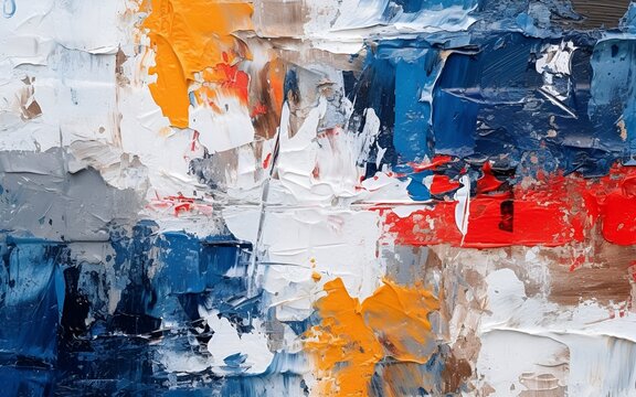 an abstract painting that has a blend of orange, yellow, white, red and blue