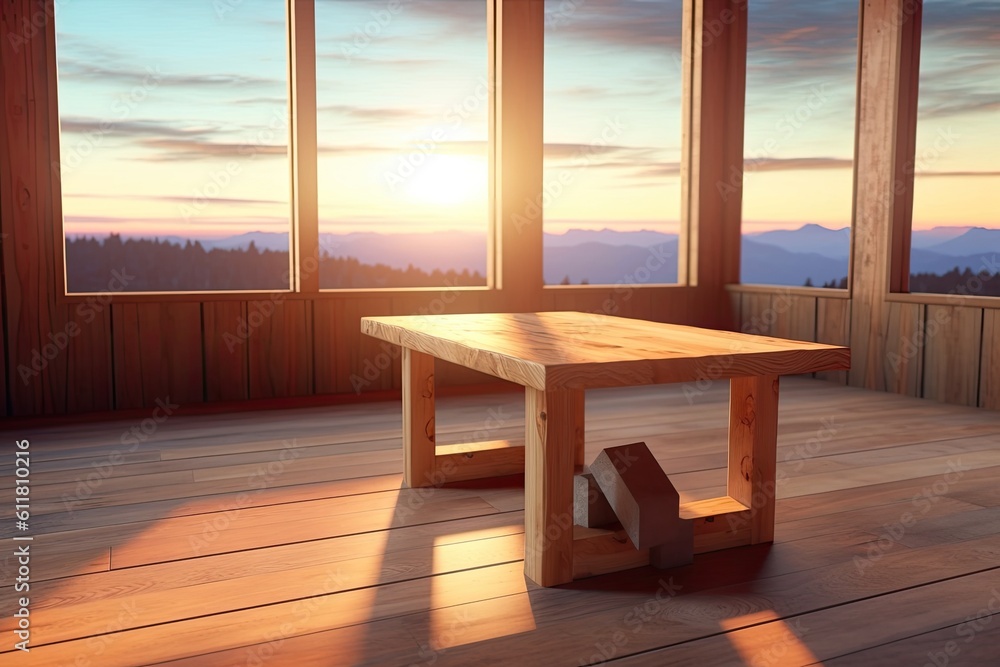 Poster a wooden table is left empty in a nice environment. generative ai