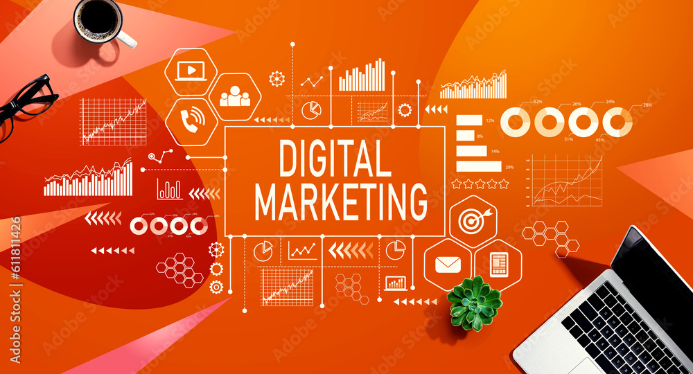 Aufkleber digital marketing with a laptop computer on a orange pattern background