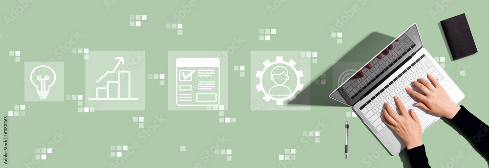 Aufkleber project management theme with person using a laptop computer