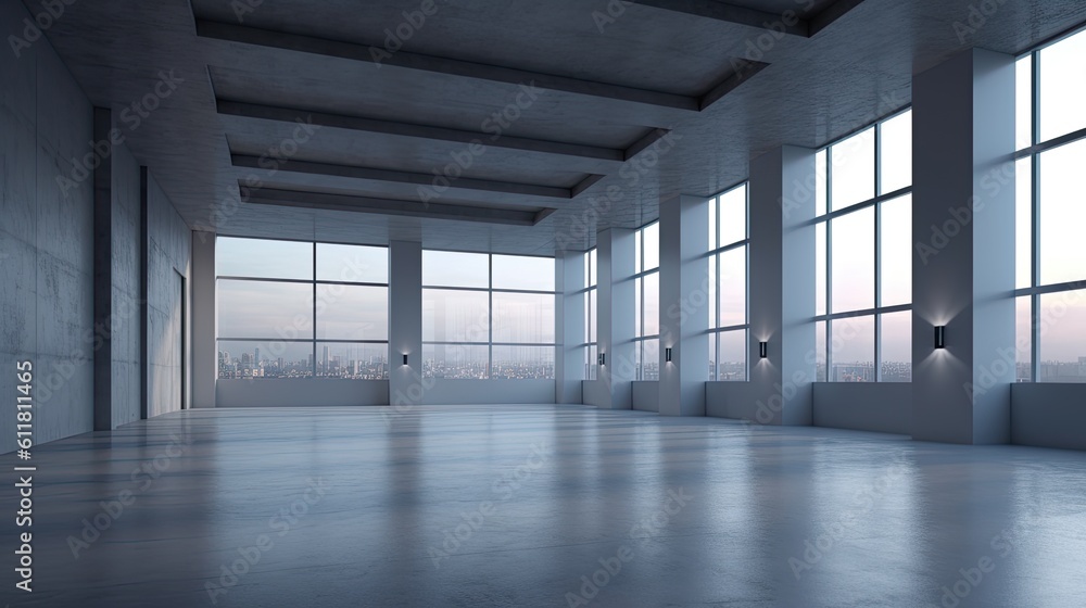 Poster interior is empty and has two windows on the right and a large full-wall window in the center. the w