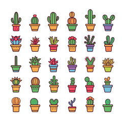 Set of 30 cactus on plant pots icon vector art isolated on white background. Minimal cartoon with solid color and bold outline art style. Digital illustration generative AI.