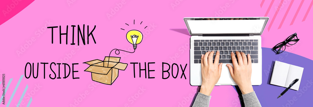 Poster think outside the box with person using a laptop computer