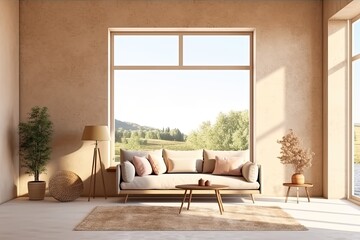 Interior of living room with sofa and chairs, coffee table with artwork, side view, and window overlooking the countryside. beige wall mock-up copy space Generative AI
