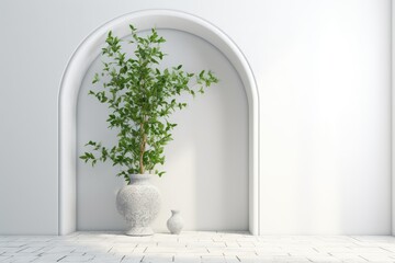 Mockup of an empty white wall with a green arch and an exquisite vase. Generative AI