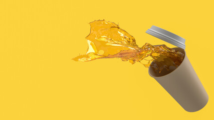spilled coffee cup on yellow background  3d rendering