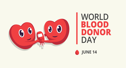 world blood donor day Background with the love heart character gives a blood bag to his friend. Suitable to place on content with that theme. Vector file every object is on separated layer