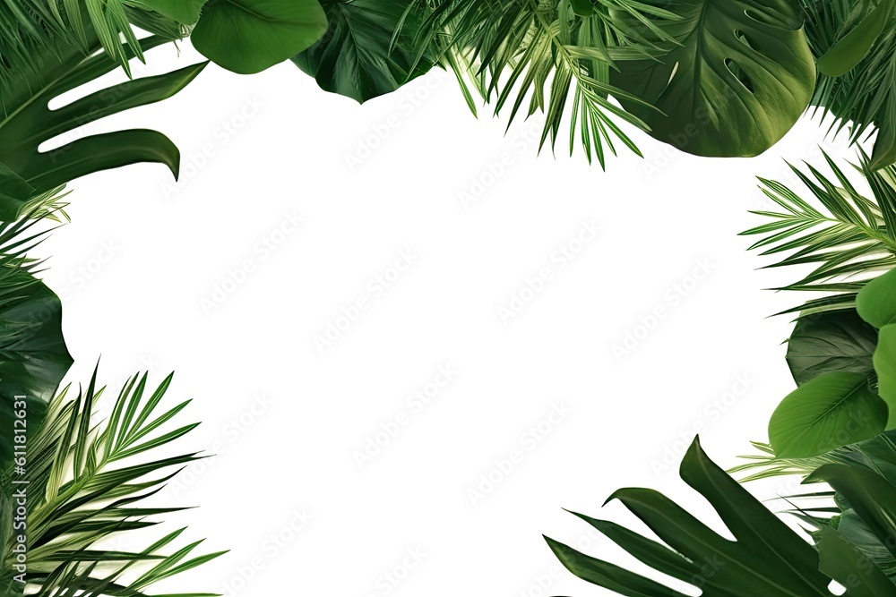 Poster tropical palm leaves in a picture frame with a white background. with copy space in a flat lay gener