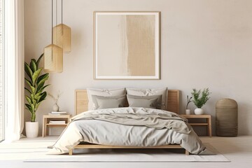 Illustration of vertical poster mockup with wooden frame in Japandi style bedroom with beige slat headboard, trailing plant, and rattan lamp on blank white wall background. Generative AI
