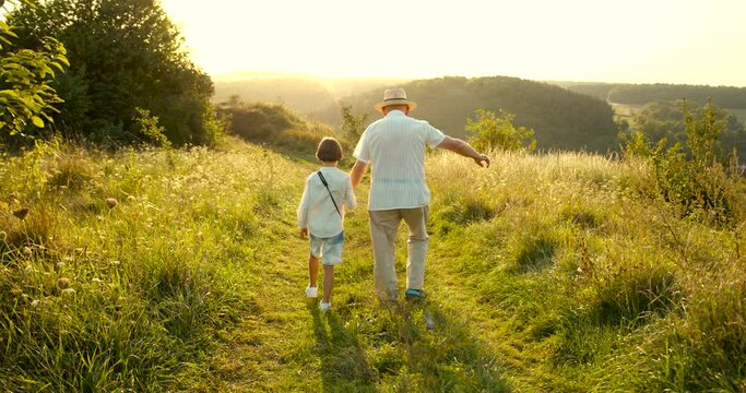 Grandfather and grandson walking at sunset in the field