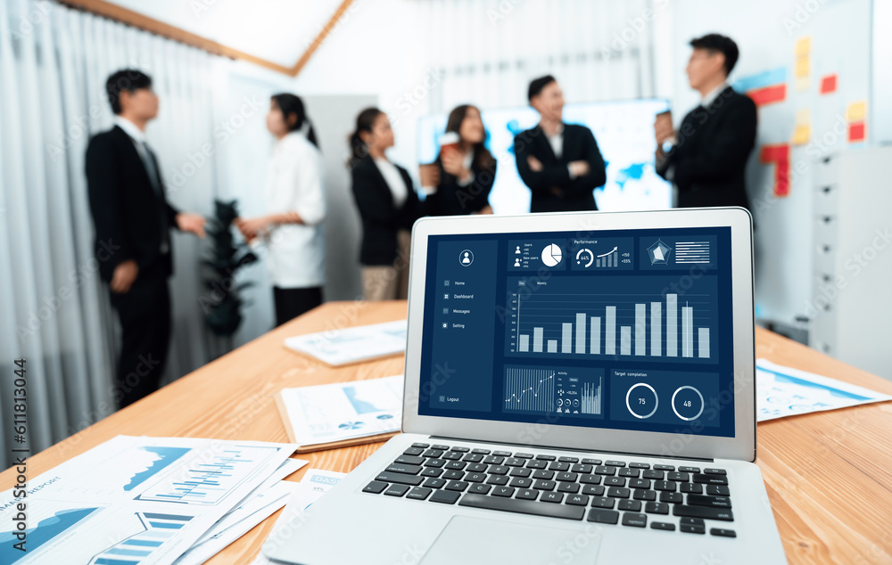 Poster focus laptop monitor display dashboard report by business intelligence, analyzed financial data for 