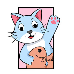 cute cartoon cat holding a fish doll in a pink frame.perfect for accessories children, screen printing clothes and others