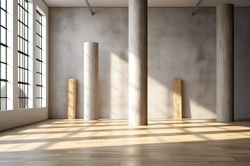 A wooden floor, an empty wall, and slanting columns can be found in a gray interior. Concept for a presentation. a mockup Generative AI