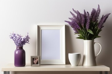 On a white wall, a blank rectangular picture frame, purple flowers in a glass vase with a cup, and books on a shelf can be seen. Generative AI