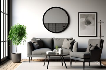 Interior of a white living room with a gray armchair and a vertical poster framed over it. a mockup of a round coffee table Generative AI