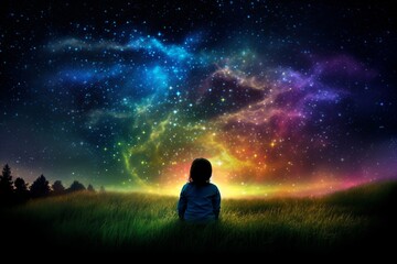 Fototapeta na wymiar a girl sits in the meadow and admires the colorful sky lights created with Generative AI technology