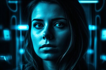 face of young woman with blue lighting created with Generative AI technology