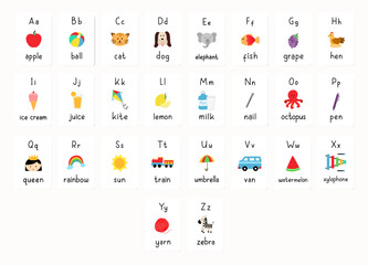 English vocabulary and alphabet flash card vector for kid. English alphabet illustrated dictionary.. © Sunshine Studio