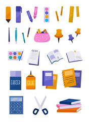 School supplies and items set isolated on white background. Back to school equipment.