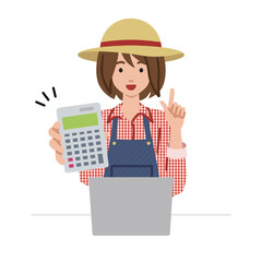 座ってデスクでノートPCを開いて電卓を持ってこちらに向けて見せている農家の女性
