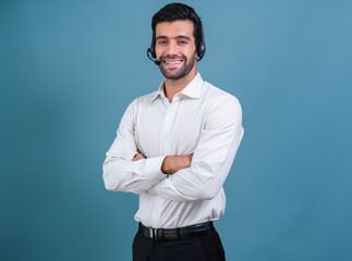 Male call center operator wearing headset and formal suit standing confidently on isolated...