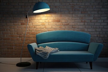Picture of a blue sofa next to a lamp and a flower next to a brick wall Generative AI