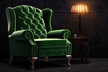 Dark interior of a living room with an emerald green recliner with a pillow next to a grey wooden toilet. Generative AI