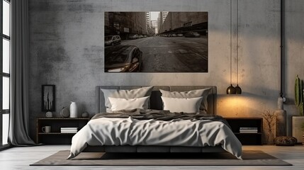 Luxury gray bedroom interior with a master bed, a horizontal poster hanging over it, and a concrete floor. a mockup Generative AI