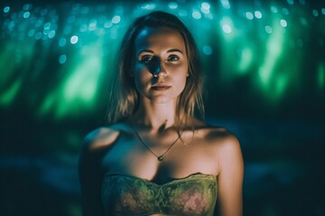 young blonde woman wears a strapless top created with Generative AI technology