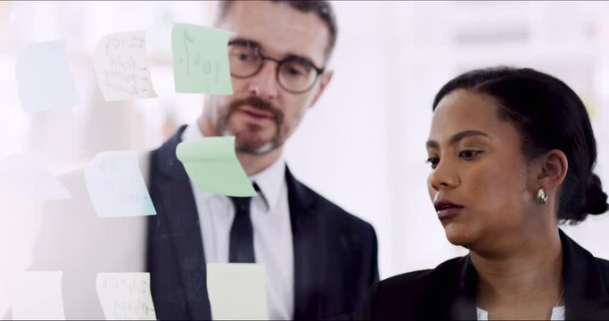 Business people, team and brainstorming on glass for planning schedule, timeline and sticky note ideas. Collaboration, diversity and mindmap of goals for innovation, training or process of objectives