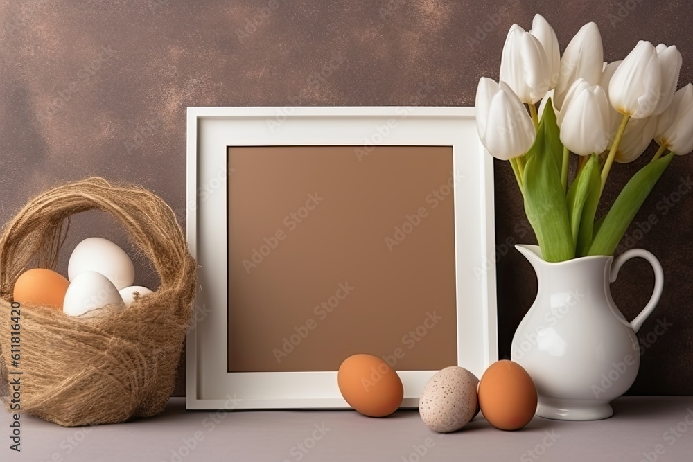 Poster mock up a white frame on a desk or shelf with tulip blossoms and easter eggs. concept of easter. col