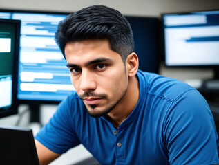 Portrait of hispanic middle aged hacker man in front of glowing screens. Creativity, innovation, collaboration concept created with generative AI.