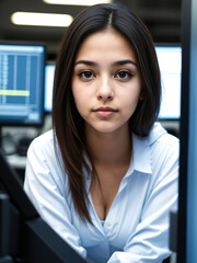 Hispanic teenager software engineer girl surrounded by computers. Efficiency, development, optimization concept created with generative AI.