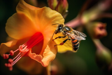 Bee on trumpet vine flower. Generative AI