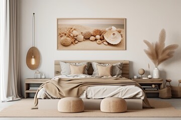Coastal boho-style mockup frame on a bedroom's interior background , Generative AI