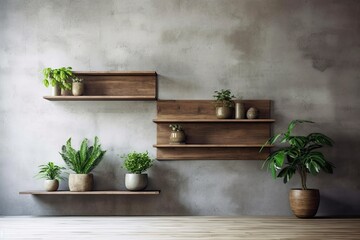 interior decorating Wooden shelving or a TV cabinet with a green plant against a concrete wall and parquet wood flooring, - An example Generative AI