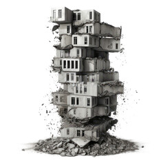Destroyed skyscraper after earthquake isolated on transparent background - Generative AI collapsed building with debris