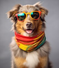 funny Australia Shepherd dog wearing scarf and sunglasses. created with generative AI technology