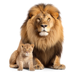 Majestic Male Lion Protectively Embracing Playful Cub, Isolated on Transparent Background. Powerful Lion Bond Generative AI