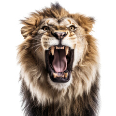 A male lion is roaring, isolated on a transparent background. powerful strong lion roar generative ai
